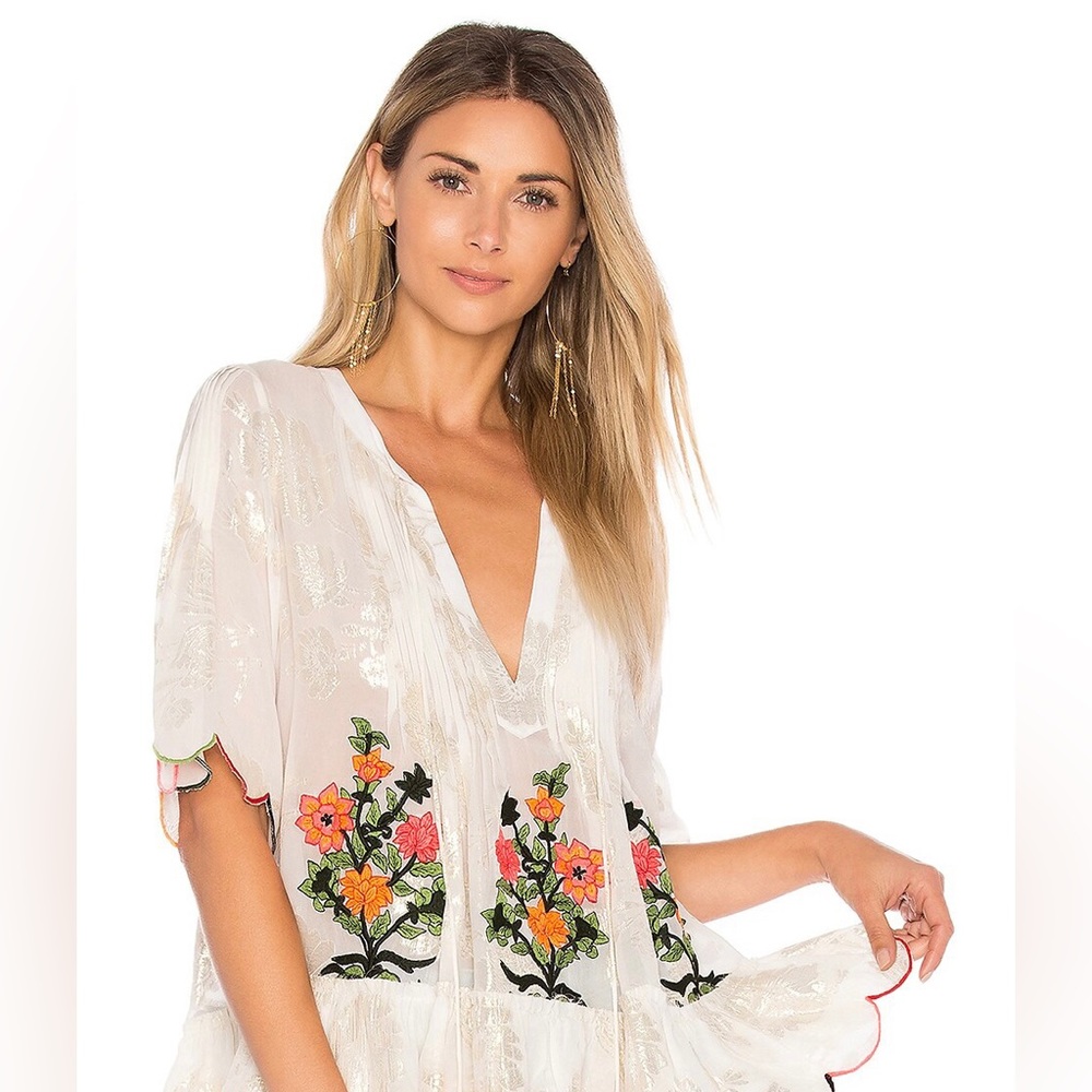 EUC HEMANT AND NANDITA Embroidered Neon Flower Top in White in Sz S Beautiful!